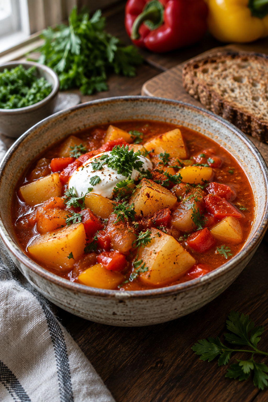 Vegetarisches Kartoffelgulasch mit Kartoffeln, Paprika, Petersilie und einem Klecks saurer Sahne; KI-generiertes Rezeptbild